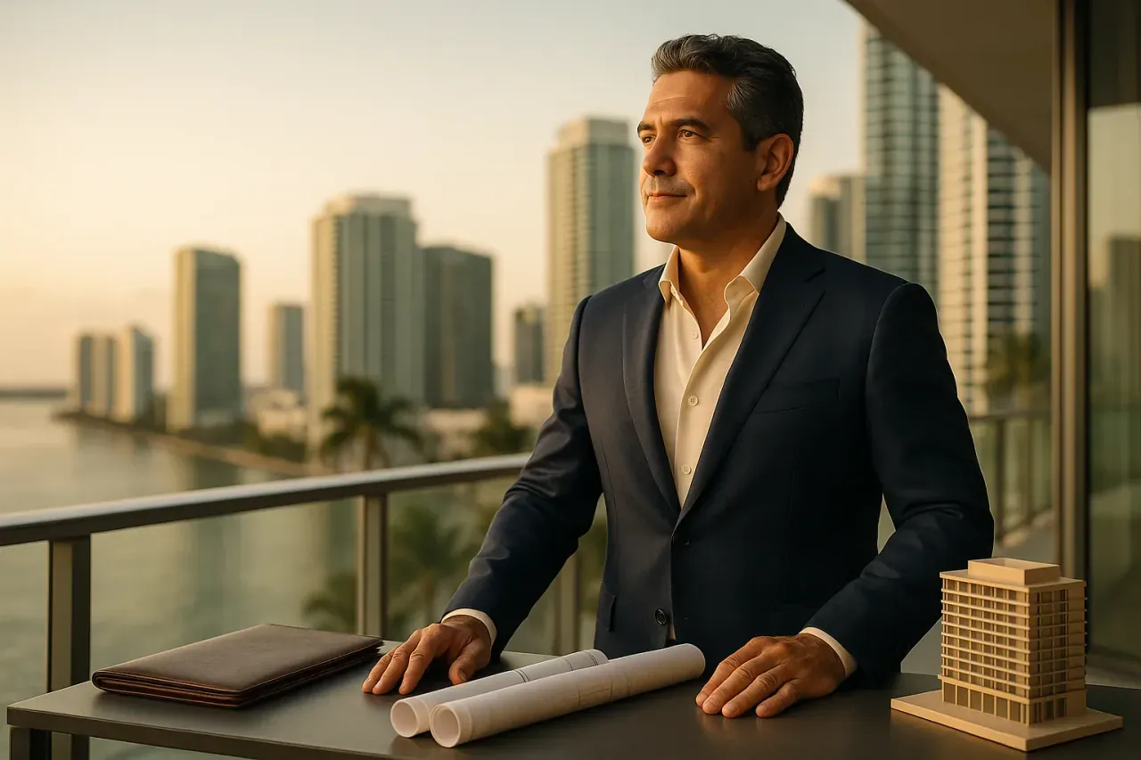 Inversionista latino en oficina de Miami revisando un proyecto para obtener la Green Card por visa EB-5